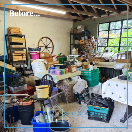 Cluttered workshop filled with various tools, containers, and materials scattered around.